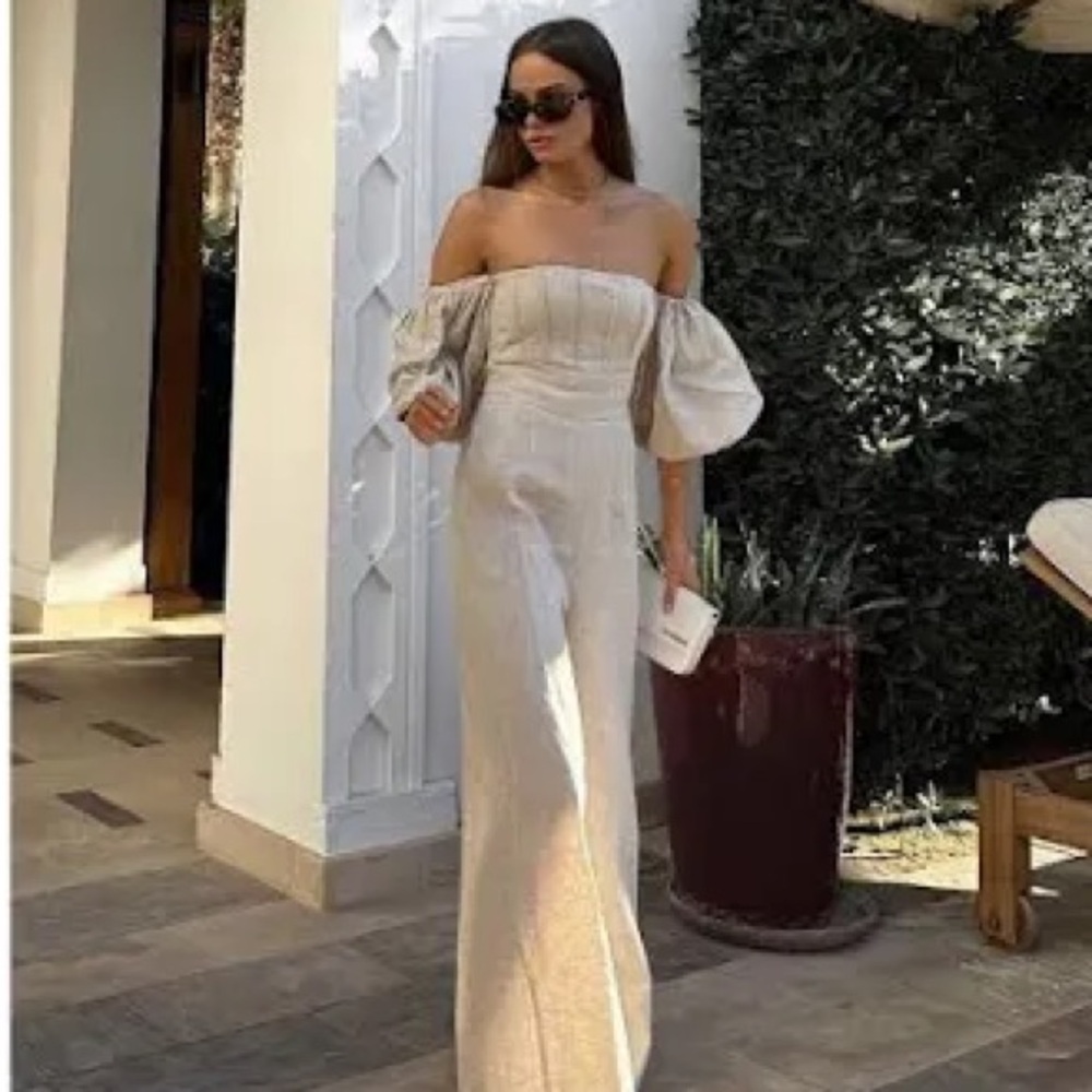 Commense off the shoulder linen blend jumpsuit